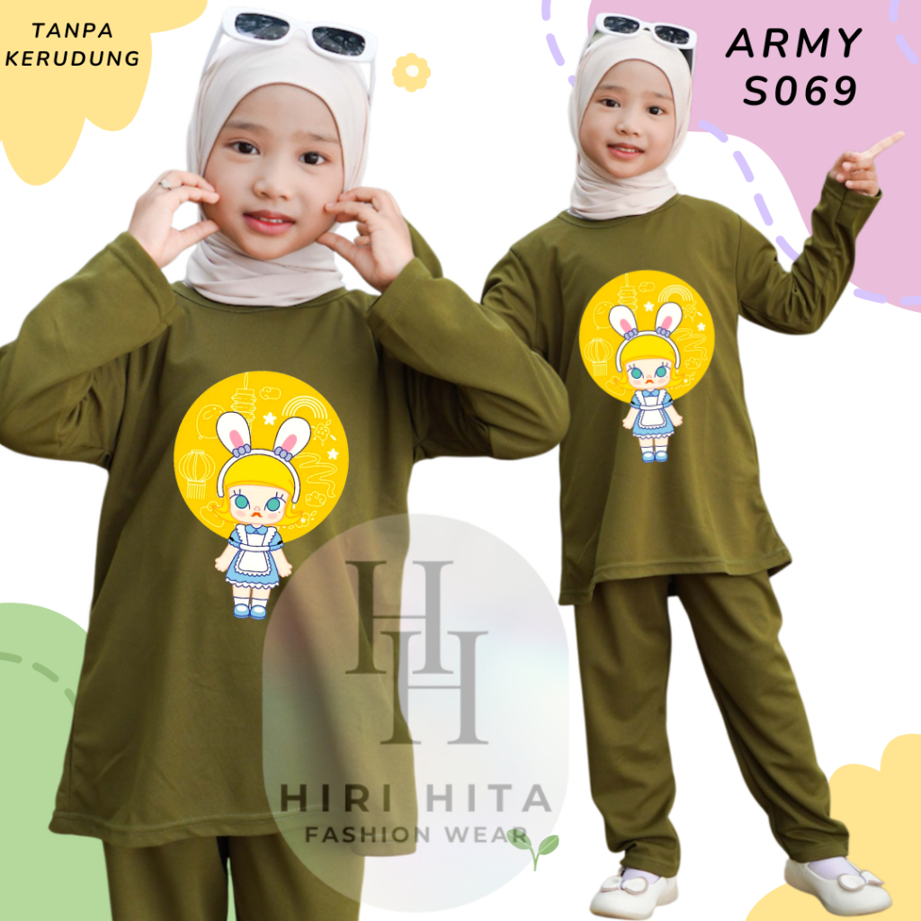 Hirihita S069 Setelan Muslim Tunik One Set Panjang Atasan dan Celana Anak Cewek Dress Popmark Moly
