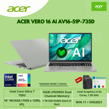 ACER VERO 16 AI AV16-51P-735D ULTRA 7 155U 16GB 1TB SSD 16" WUXGA IPS 100% sRGB W11 OHS21
