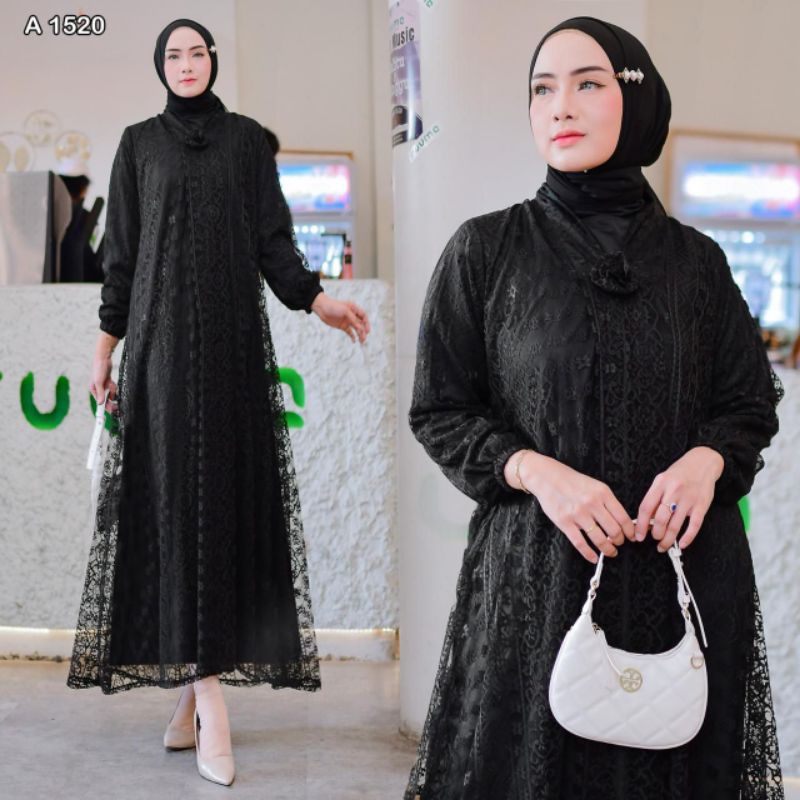Gamis Elegan KD75440-1520 Hitam dengan Bahan Tule dan Furing - Dress, Wanita, Remaja, Tile, Maxi, Me