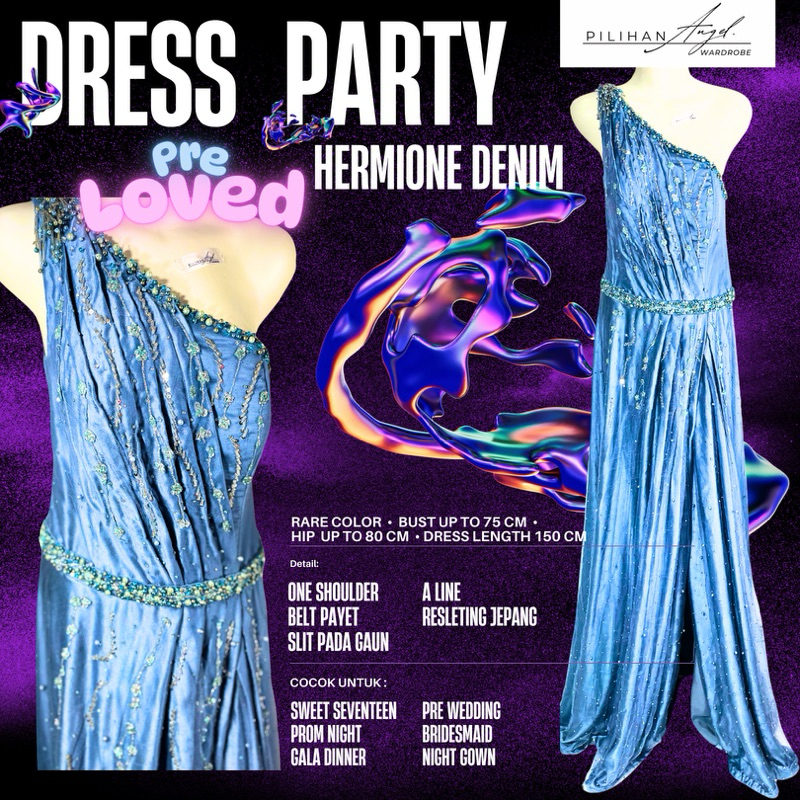 (LIKE NEW) Gaun Pesta Party Dress Hermione Denim One Shoulder Gaun bridesmaid pesta