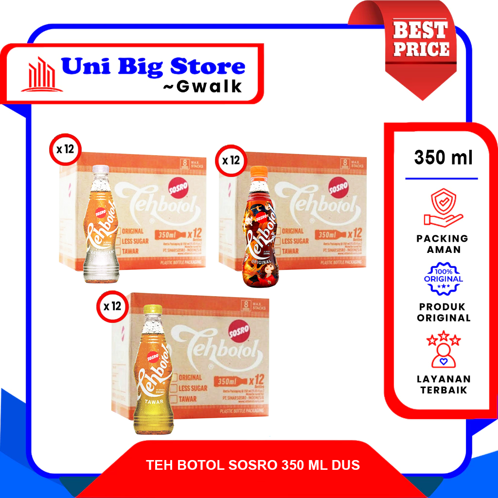 

TEH BOTOL SOSRO ORIGINAL TAWAR LESS SUGAR - (350 ml x 12 pcs) DUS