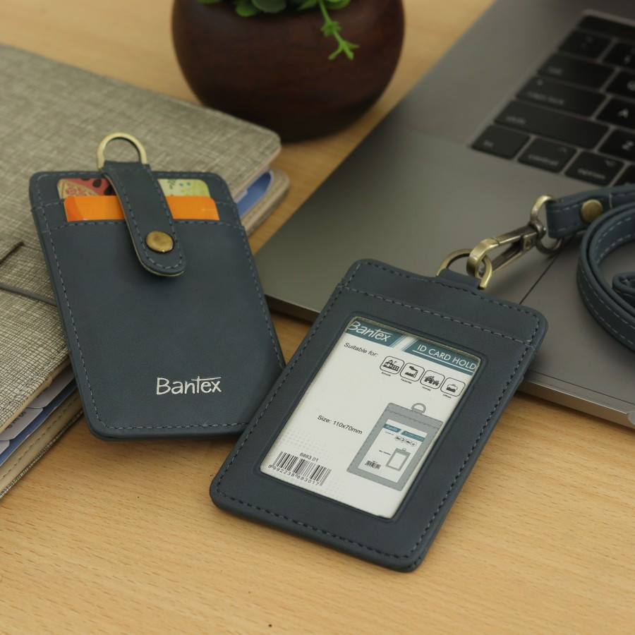 

Bantex Leather Name Tag / ID Card Holder Button Kulit Sintetis Lanyard Tali Warna Blue #8883