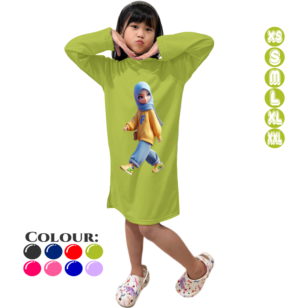 Tunik Anak Perempuan 3-15 Tahun Motif HIJAB F Hijau Lemon