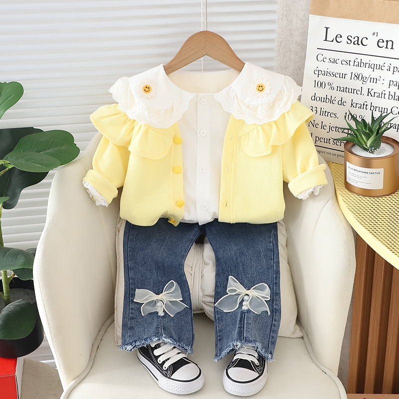 Setelan Kemeja Anak Perempuan Import Stelan 3pcs Vest Kuning Kemeja Putih Polos Motif Bunga Matahari