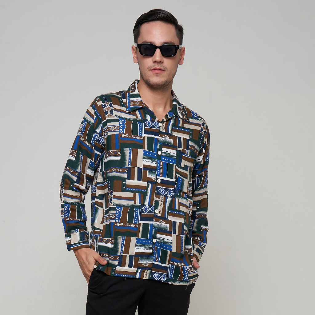 LOODY Kemeja Pria Lengan Panjang Retro Vintage Motif Abstrak Kasual Model 90an Kekinian