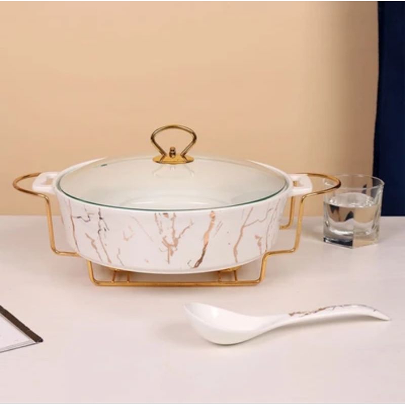 Original Informa Appetite Marble Wadah saji keramik Panci Casserole D.33cm dengan Rack dan Sendok