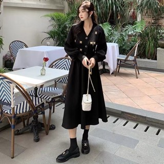 Korea Dress Maxi Wanita V-neck Bunga Hitam