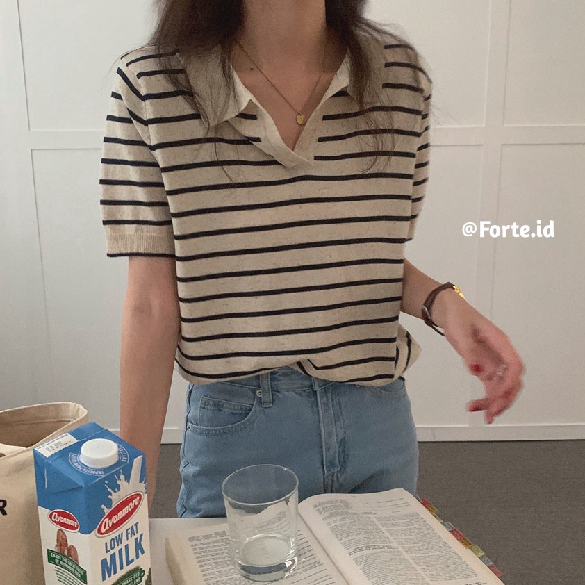 KODE D52T Sweater Polo Wanita Kaos Rajut Korean Retro Style Knit Striped Tshirt