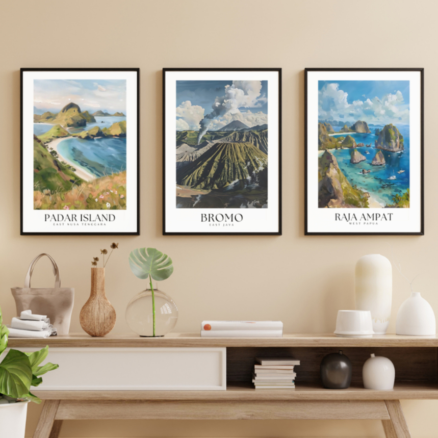 Poster Lukisan Bali Bromo Danau Toba Hiasan Dinding Aesthetic Poster Print Art A2 Frame Kayu Premium