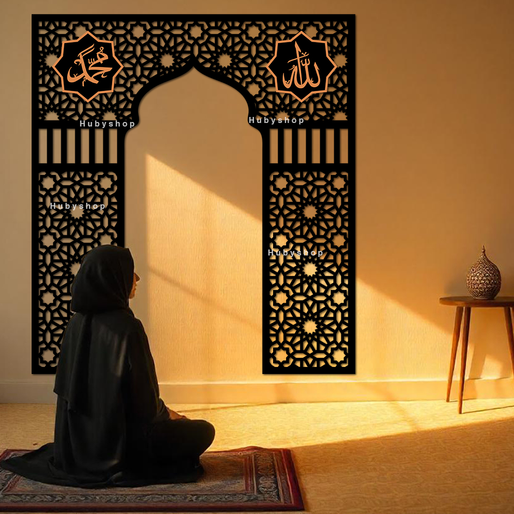 walldecor kayu mihrab musholla allah muhammad - walldecor mihrab ruang sholat - pajangan kayu mihrab