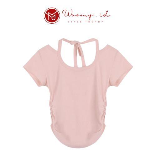 Woomy - BJ414 Baju Atasan Kaos Spandek Korean Wanita Sexy Lengan Pendek Leher Tali Leher Fashion