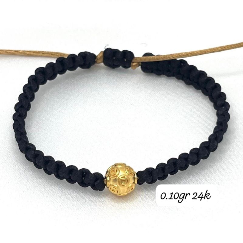 Gelang Emas Asli Bola Koin 24K Hongkong 999% Tali Kepang Hitam