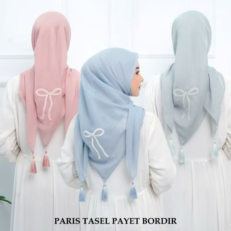 Jilbab Segiempat Paris Bordir Pita | Jilbab Segiempat Terbaru