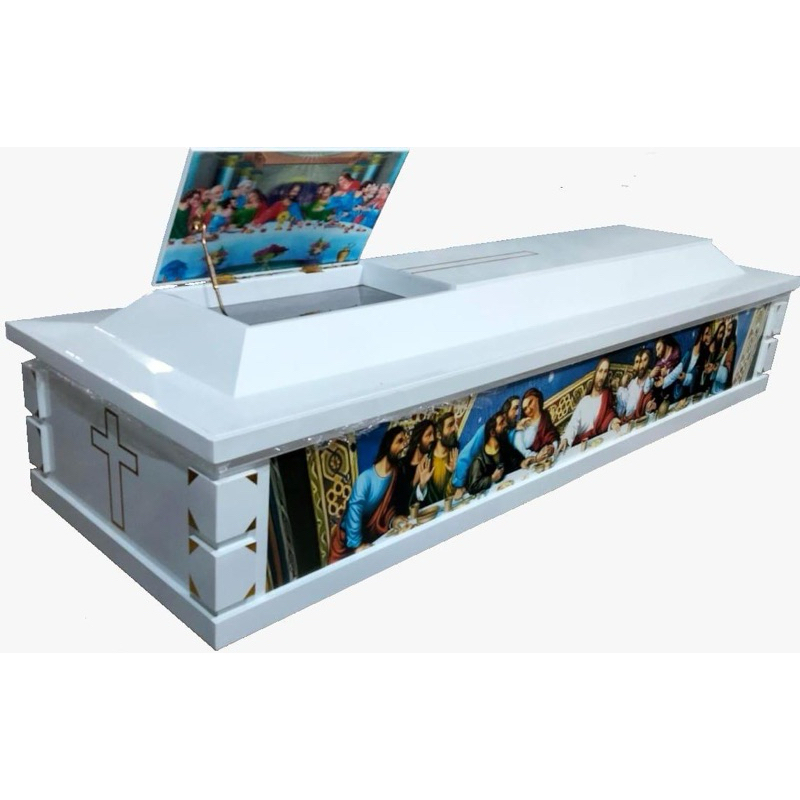 Peti Mati perjamuan kudus setengah kaca dengan finishing putih glossy Ukuran P 195cm L 65cm T 50cm