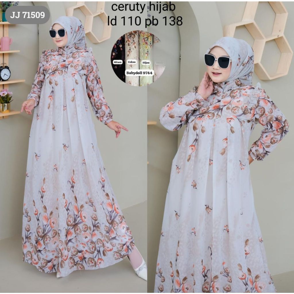 Gamis Ceruty Set Hijab Rempel/ Gamis Ceruty Printing
