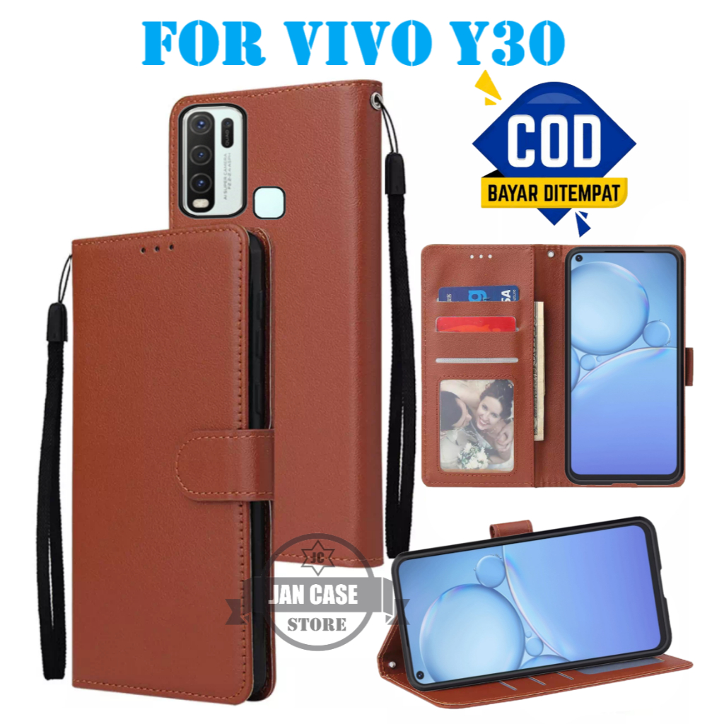 leather case premium VIVO Y30 flip cover model bisa buka tutup lipat dan standing