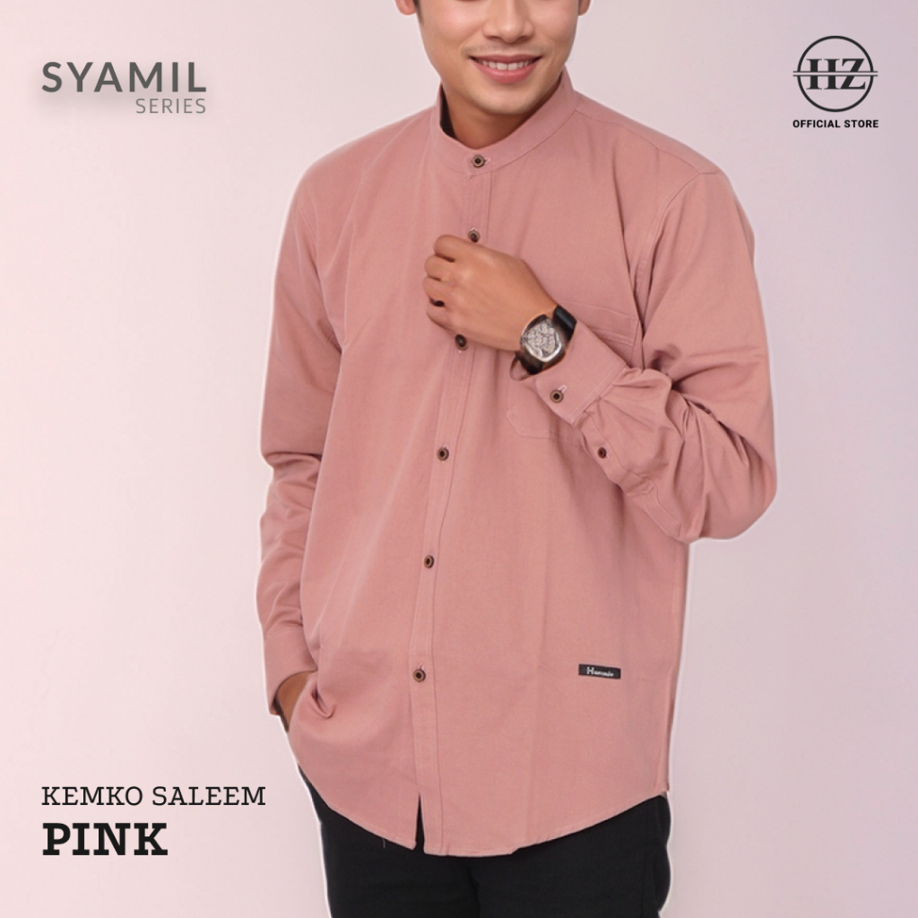 Hanzain Syamil Series - Kemeja Koko Pria Lengan Panjang Warna Pink Saleem - Katun Premium
