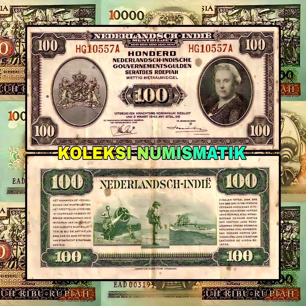 SOUVENIR UANG KERTAS KUNO HINDIA BELANDA 100 GULDEN NICA WILHELMINA 1943