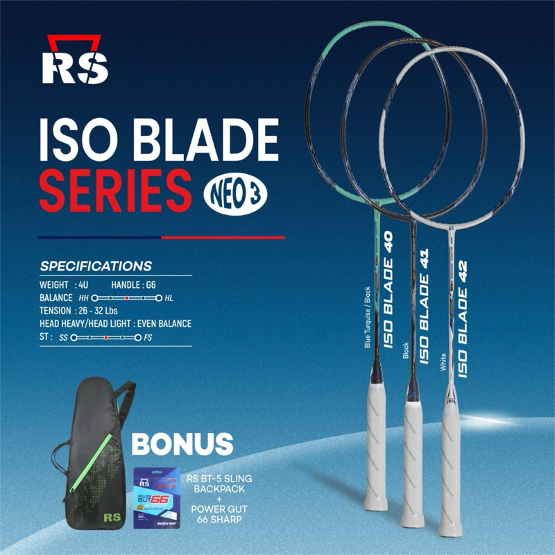 Raket Badminton RS Iso Blade 40 41 42 Neo iii Original Bonus Senar