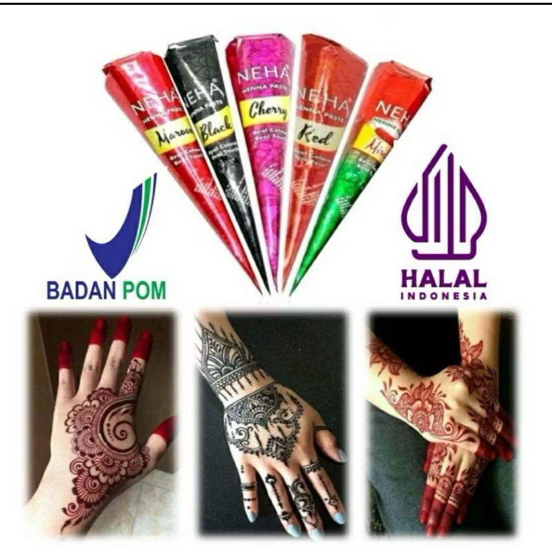 HN-20183 Henna NEHA BPOM Halal untuk Tangan & Kuku, Kaki Warna Maroon Merah Hitam Red cherry Mirchi 