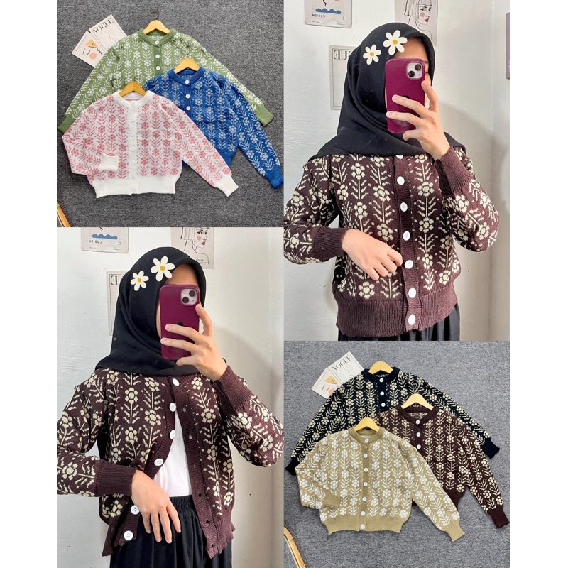 CARDIGAN RAJUT BOUQUET || CARDIGAN MOTIF BUNGA || CARDIGAN CROP KOREAN STYLE || CARDIGAN LENGAN BALO