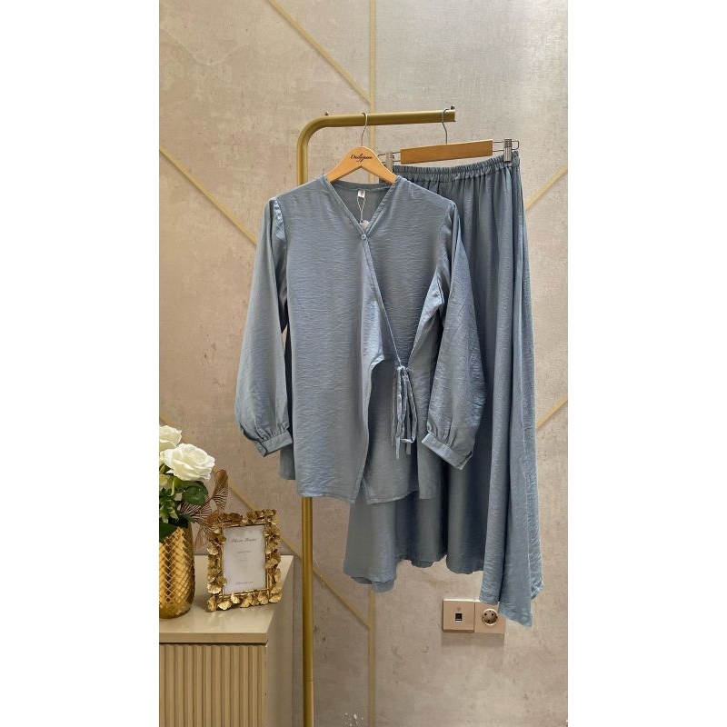 One Set Polo linen atas bawah rok busui friendly