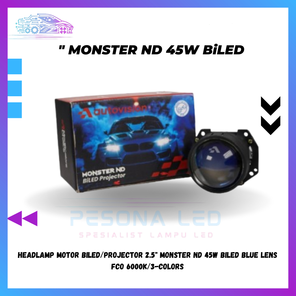 Headlamp Motor BI-LENS/Projector 2.5" MONSTER ND 45W BI-LENS  Blue Lens FCO 6000K/3-Colors