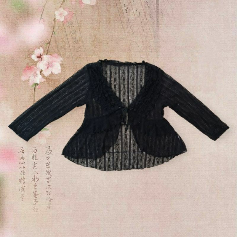 Black Petite Ruffle Crop Lace Cardigan | outer cardi renda hitam pita y2k coquette dollette 90s fair