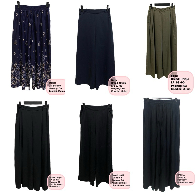 Preloved Celana Kulot Jonggol Branded Panjang Pendek Formal Karet Serut Uni HM Hitam Hijau Bunga Pli