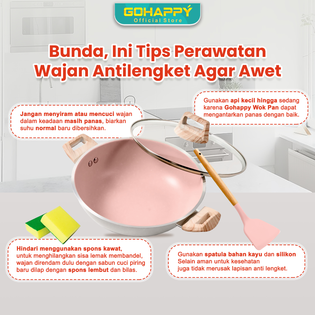 BESTPROMO WOKY 24CM GOHAPPY panci wok pan 2gagang whitepink granit wajan kuali anti lengket
