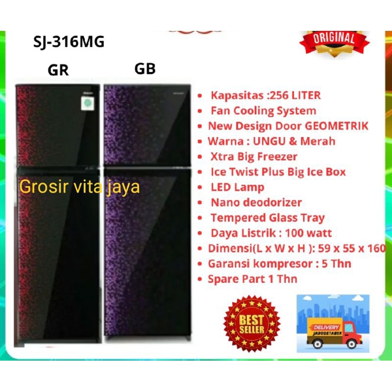 kulkas sharp 2 pintu jumbo/kulkas sharp sj 316 GB-GR