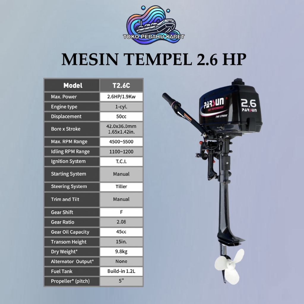Mesin Tempel Outboard Parsun 2.6 Hp 2 Stroke Untuk Perahu