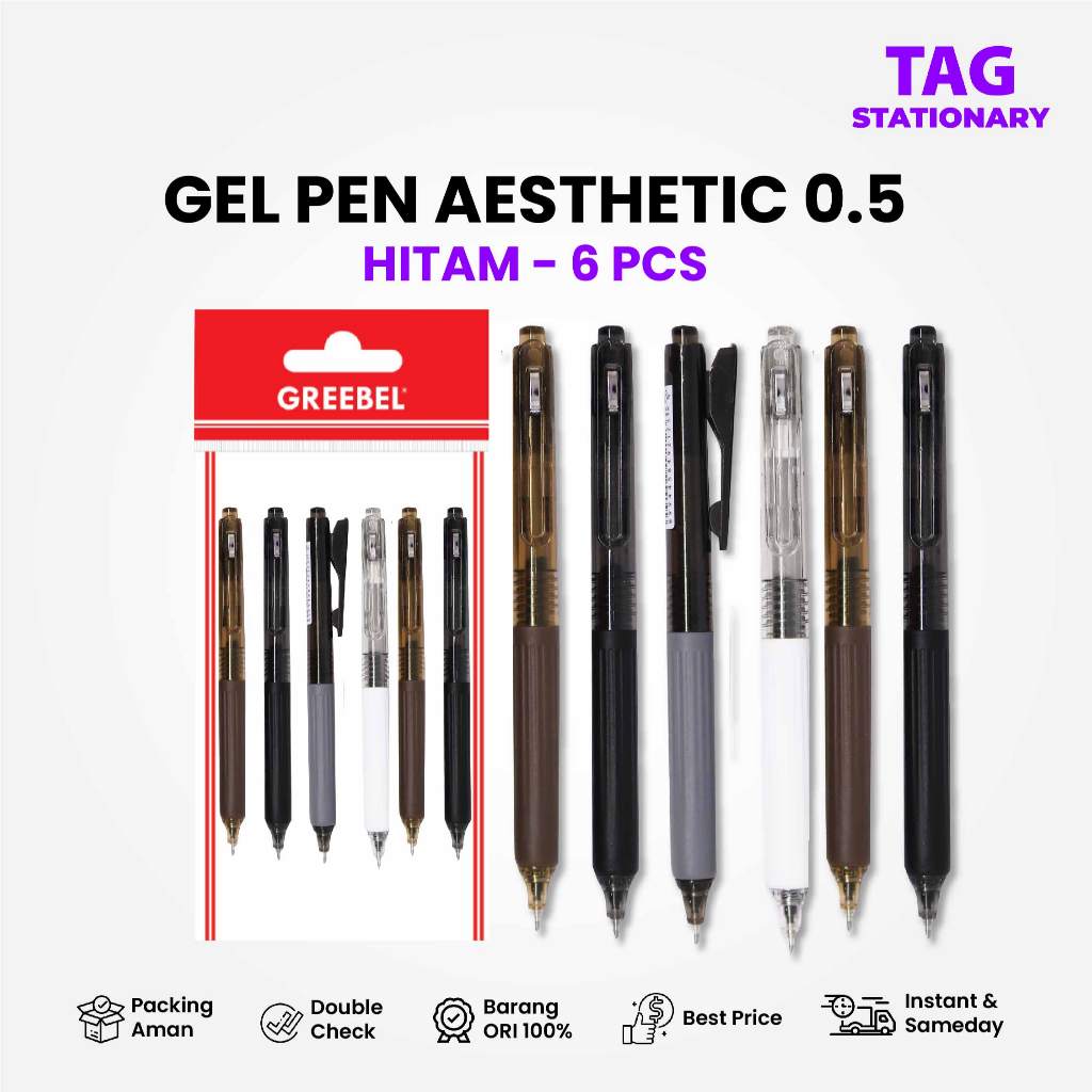 

GREEBEL PULPEN GEL / GEL PEN GP-513 AESTHETIC Hitam 0.5 (6PCS/SET) / Ballpen Gel Bolpen Cetek