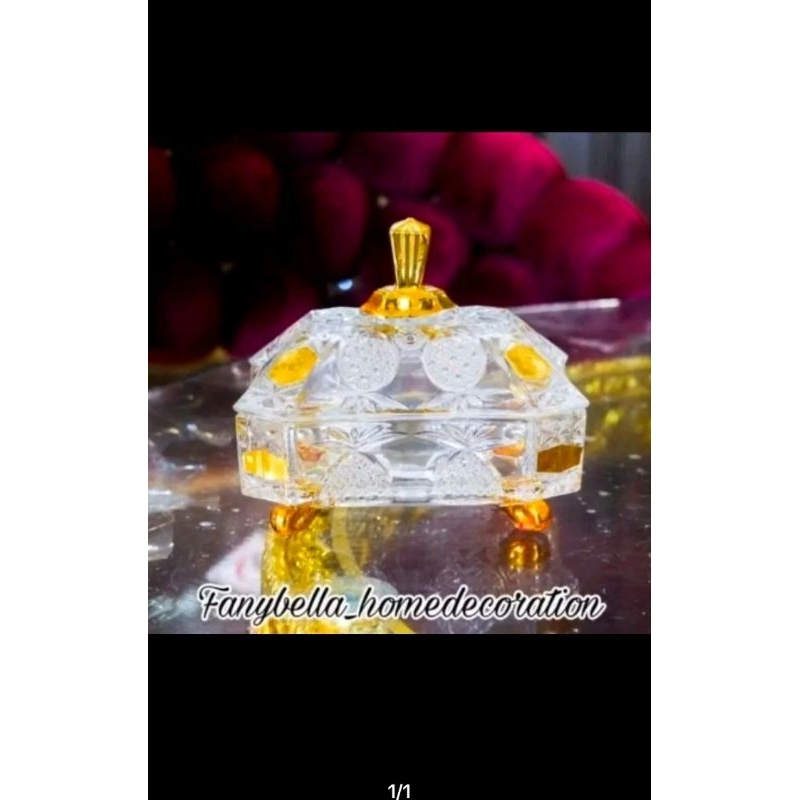 Toples Tempat Kue Kaca Kristal Soga Putih Emas Gold Motif Bunga Kue Lebaran Kristal