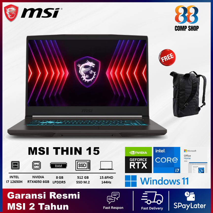 LAPTOP MSI THIN 15 I7 12650H RTX4050 6GB/ 8GB 512GB W11 15.6FHD 144HZ BLIT 2Y GRY