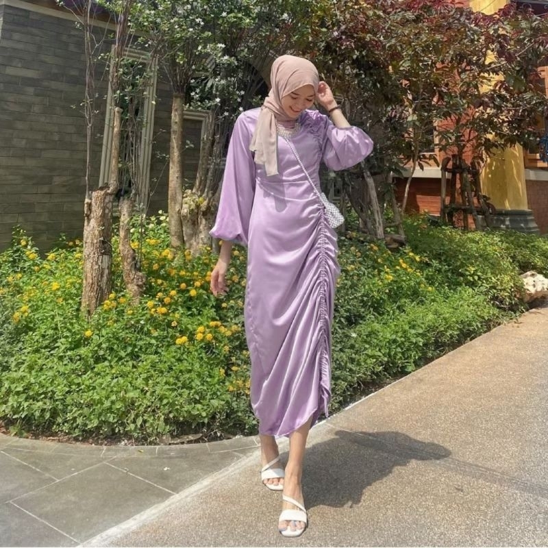 Dress Gamis Serut Fuji Satin Silk Kondangan Remaja Hajatan