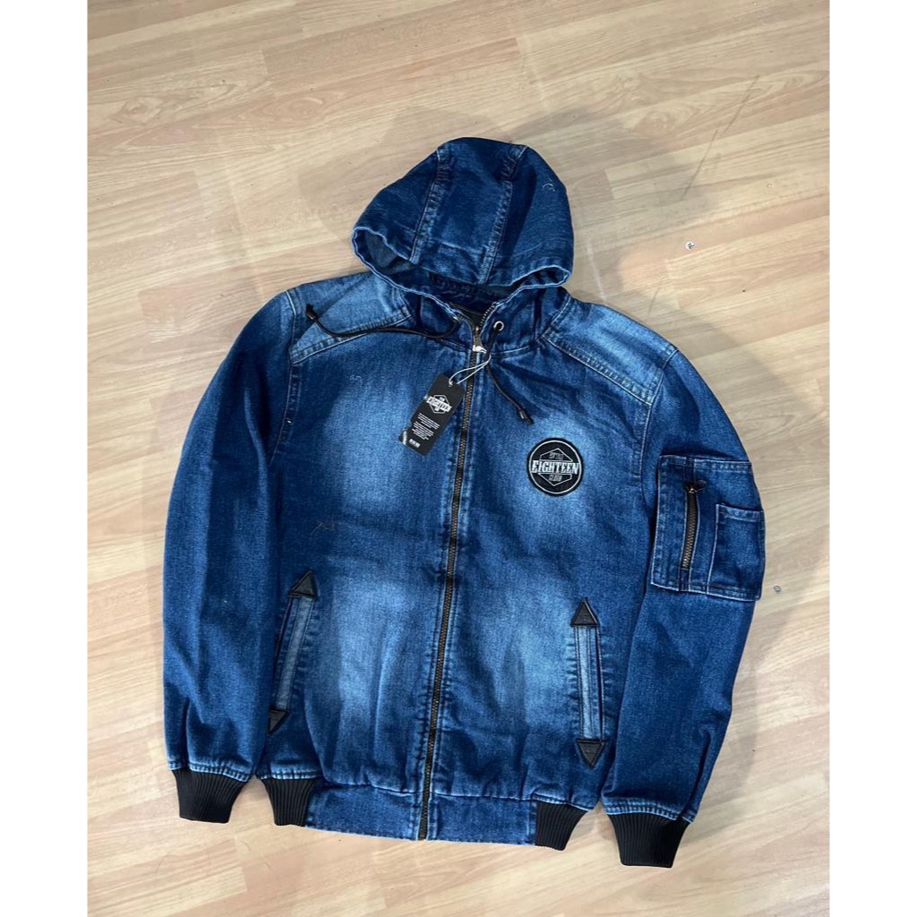 EIGHTEEN-jaket jeans kupluk topi pria casual distro resleting keren santai