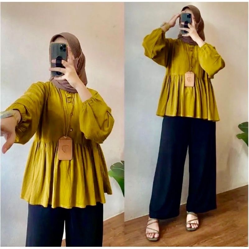 Blus peplum Crinkle airflow Jumbo tunik Ruffle kancing