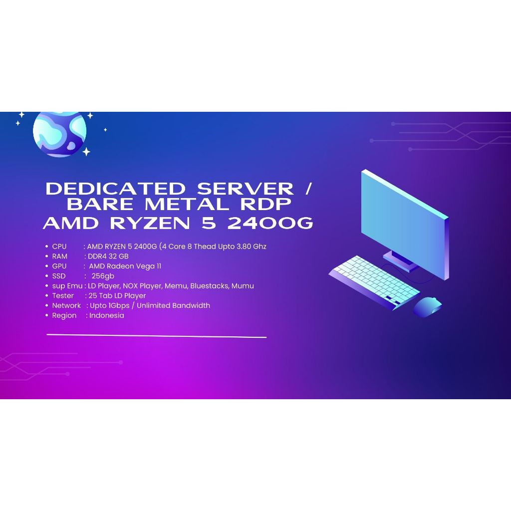 RDP BARE METAL / DEDICATED SERVER WINDOWS EMULATOR AMD RYZEN 5 2400G RAM 32 GB 3.8 Ghz BISA DI PERPA