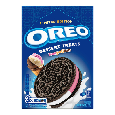 

Oreo neapolitan dessert treats biskuit krim vanilla & strawberry isi 3 x 131 gram