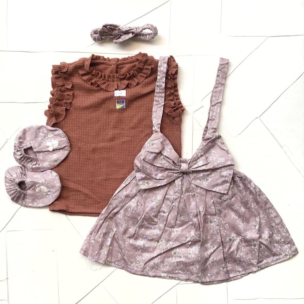 Baju bayi dress 0-6 bulan waffle Knit pita katun bunga fashion baby cewek lucu murah