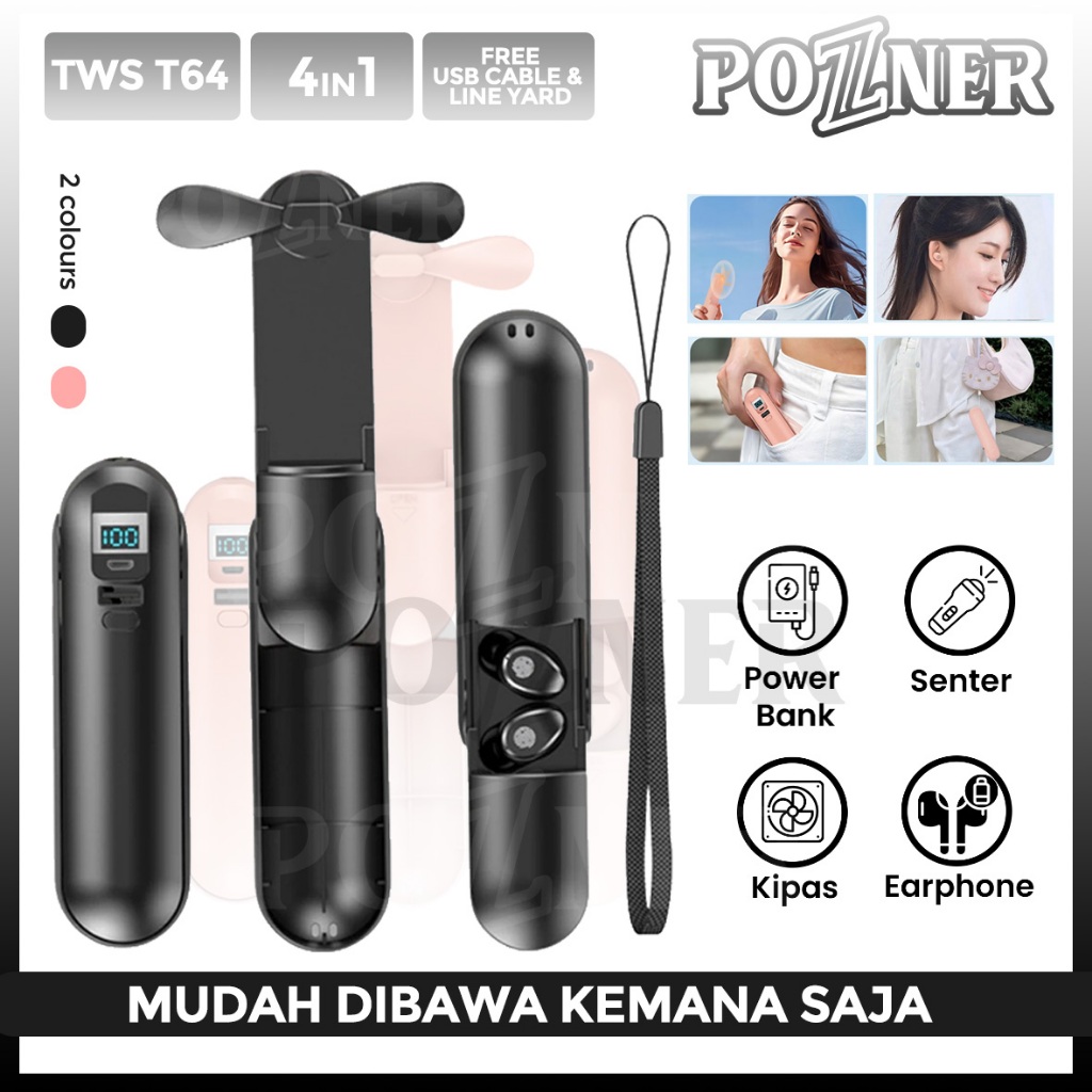 TWS 4 in 1 Earphone Wireless LED FLashlight Kipas Mini Portable Powerbank 2000 mAH