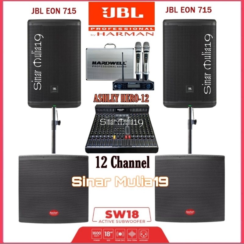 Paket Sound System JBL EON 715 Subwoofer 18 Inch BareTone SW18 ( 2 Unit) Mixer Ashley Hero 12 Mic Wi