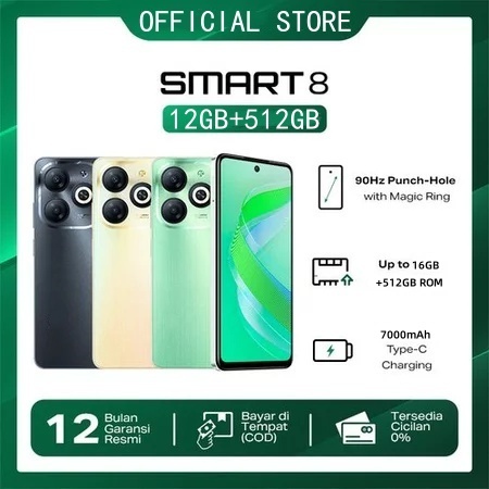 【COD+100% Asli】INFINIX Smart 8 NFC & Smart 8 PRO 7.5Inci Helio G88 Ram12+512GB HD Kamera Smart 8 8/1