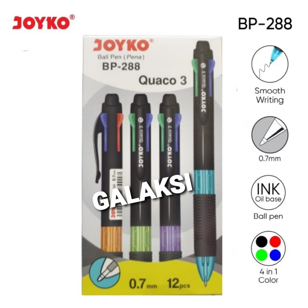 

[ BOX/12 PCS ] PULPEN PENA 4 WARNA JOYKO BP-288 QUACO 3 0.7 MM