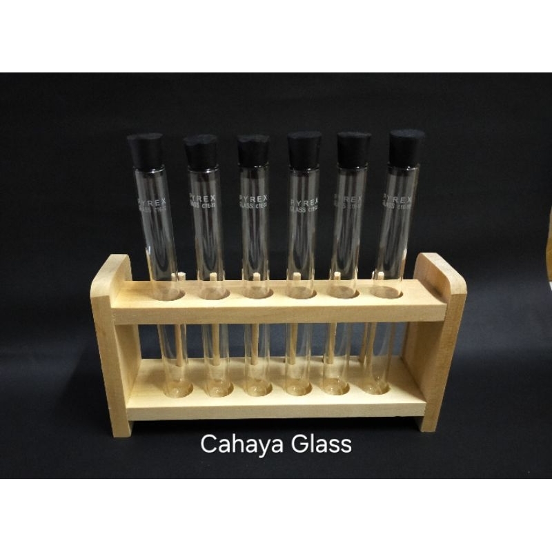 Rak Tabung Reaksi Plus 6pcs Tabung Reaksi 16×150mm Tutup Karet PYREX