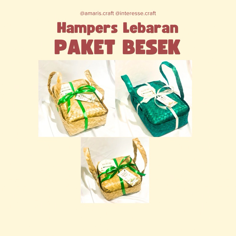 

Hampers / Parcel Lebaran Idul Fitri Premium di Kota Palembang, Paket Besek ada pegangan warna coklat dan hijau. Isi sajadah, tasbih digital, buku dzikir, amplop thr, dan lainnya