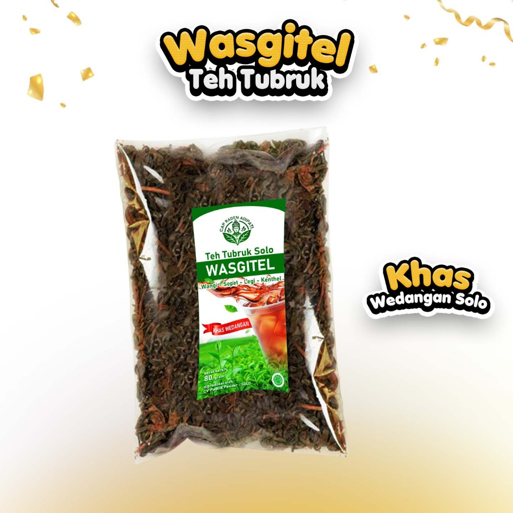 

Teh Tubruk Solo WASGITEL 80 Gram, Khas Wedangan Solo, Cap Raden Adipati, Racikan Daun Teh Solo