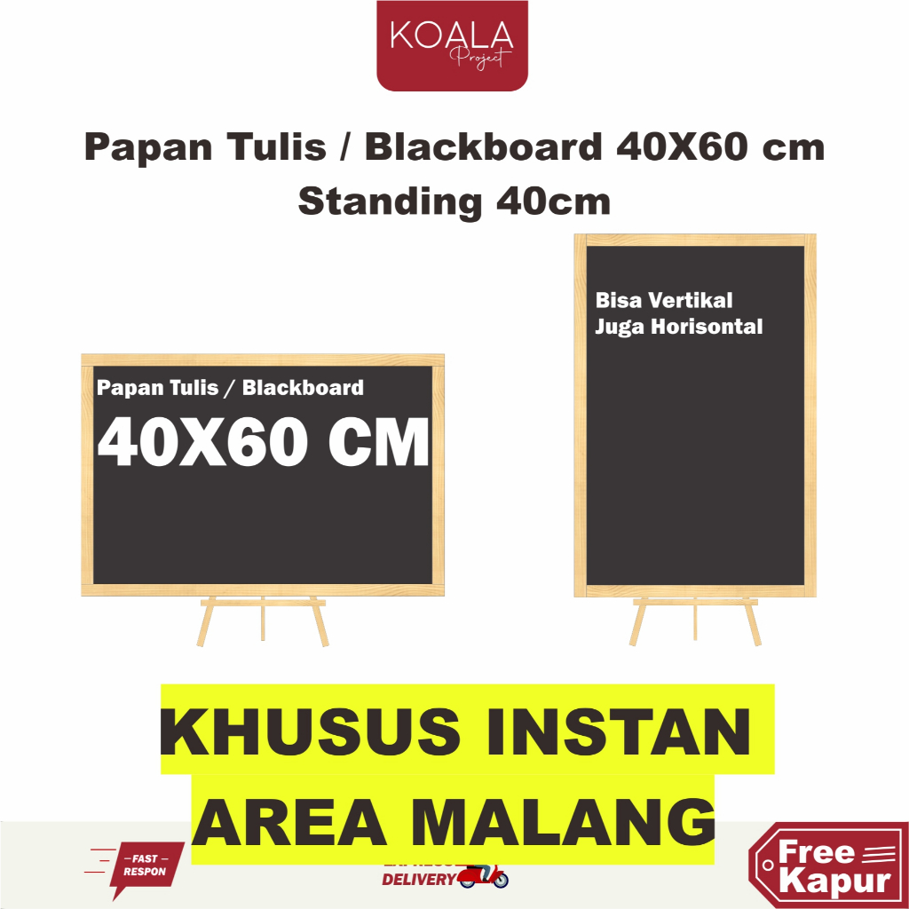 

PAPAN TULIS KAPUR HITAM BLACKBOARD CHALKBOARD 40X60 CM + STANDING 40CM INSTAN AREA MALANG - KOALA PROJECT