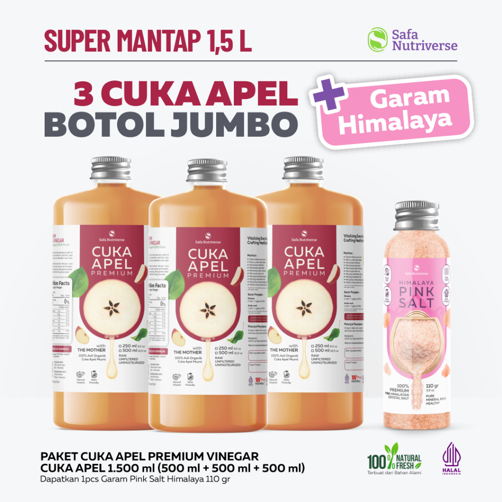 

Cuka Apel Organik With Mother Ekstra Jumbo 1.500ml dengan Inang Cuka Dapat Garam Himalaya